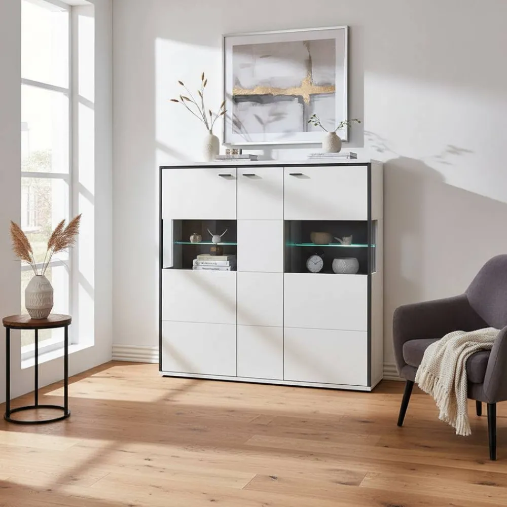 Wohnen Highboards|Vitrinen<Highboard Vitrine in Weiß mit Schwarzgrau - Loazin