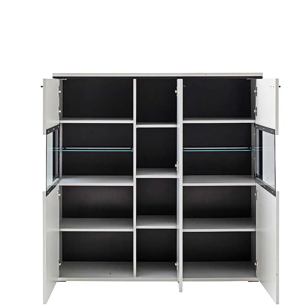 Wohnen Highboards|Vitrinen<Highboard Vitrine in Weiß mit Schwarzgrau - Loazin