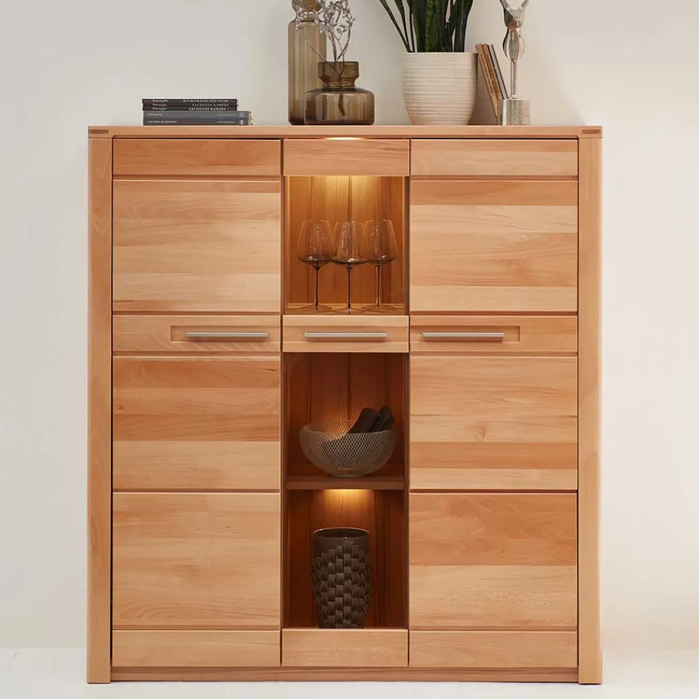 Wohnen Highboards|Vitrinen<Highboard Vitrinenschrank aus Kernbuche massiv - Amyonta