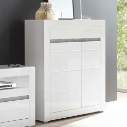 Wohnen Highboards<Hochglanz Highboard in Weiß Mextra mit Absetzung in Beton Optik
