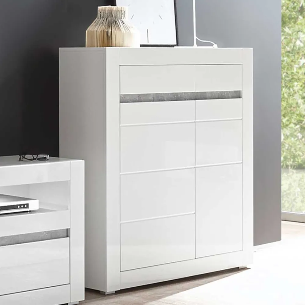 Wohnen Highboards<Hochglanz Highboard in Weiß Mextra mit Absetzung in Beton Optik