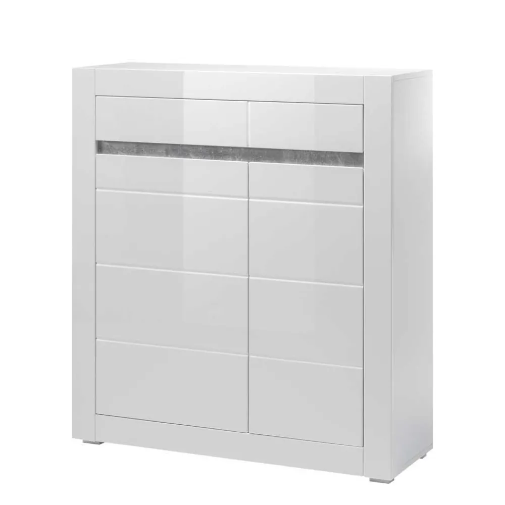 Wohnen Highboards<Hochglanz Highboard in Weiß Mextra mit Absetzung in Beton Optik