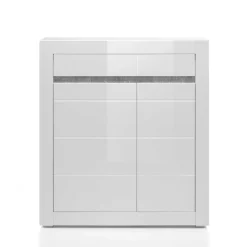 Wohnen Highboards<Hochglanz Highboard in Weiß Mextra mit Absetzung in Beton Optik
