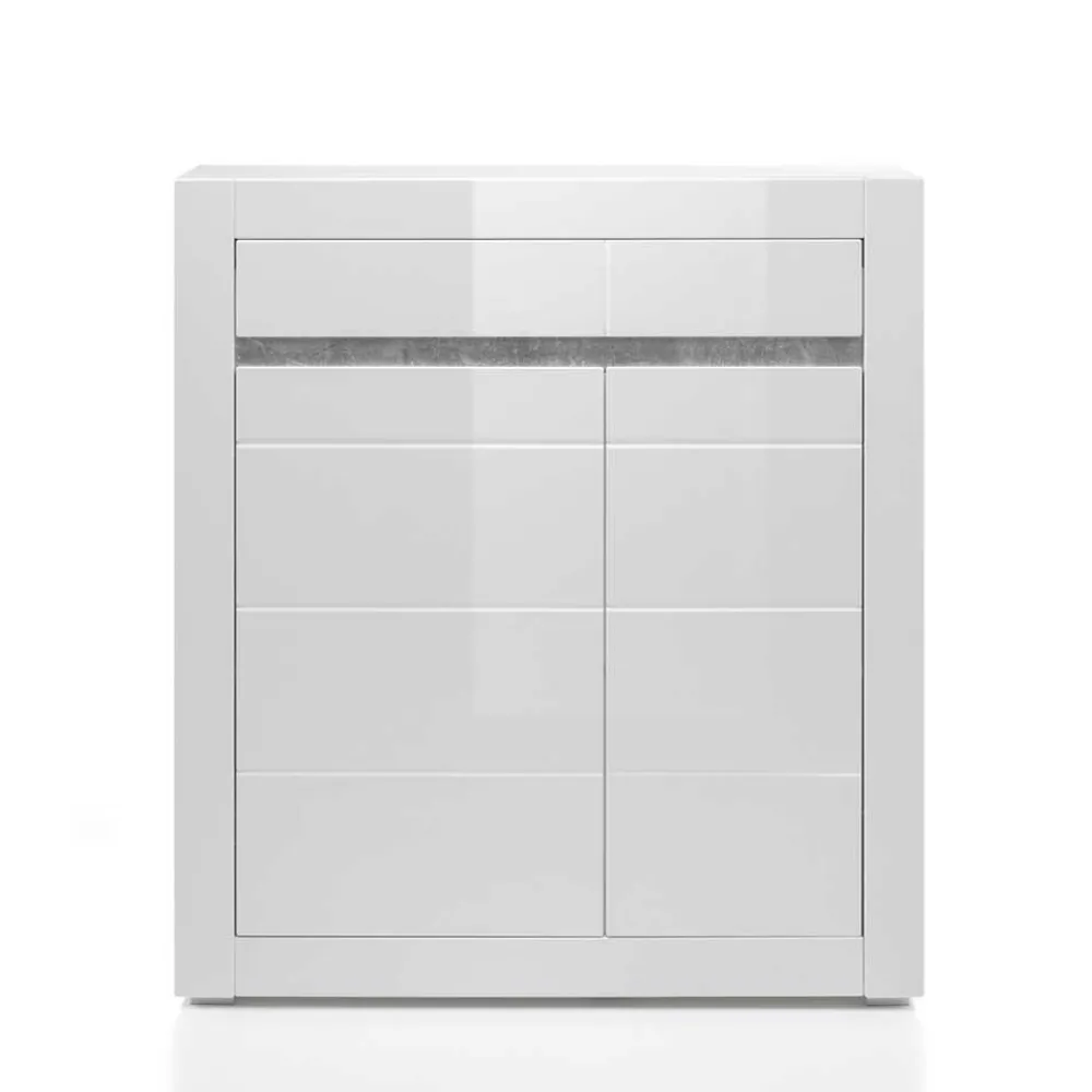 Wohnen Highboards<Hochglanz Highboard in Weiß Mextra mit Absetzung in Beton Optik