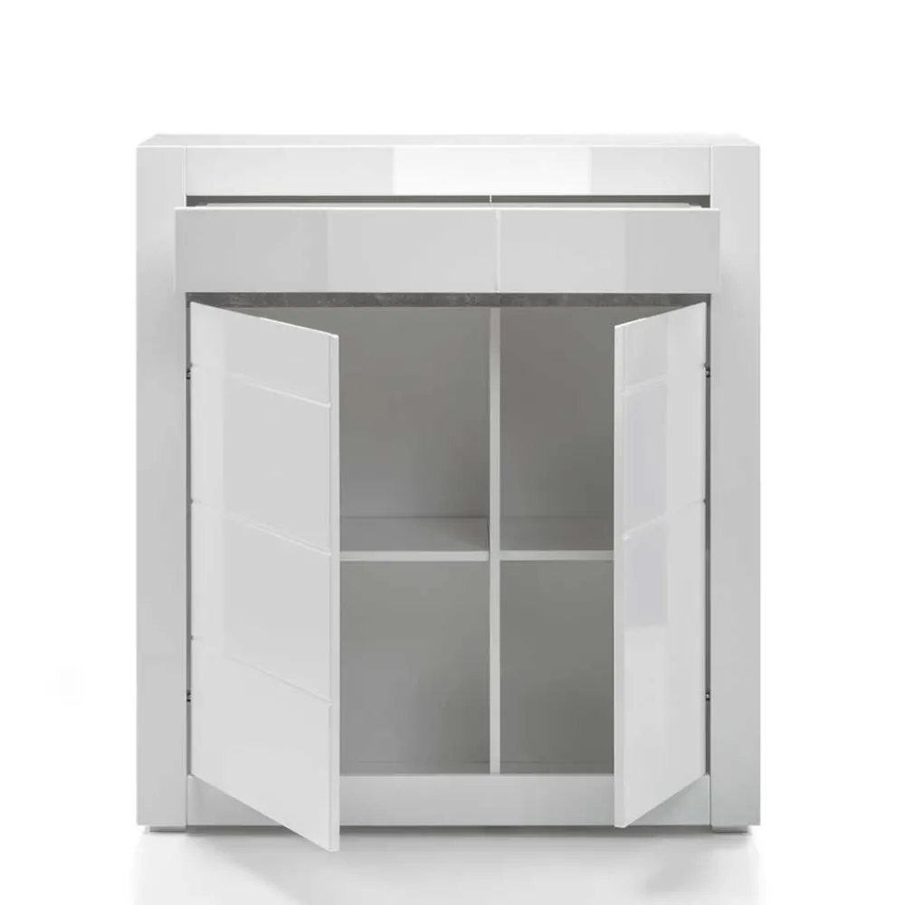 Wohnen Highboards<Hochglanz Highboard in Weiß Mextra mit Absetzung in Beton Optik