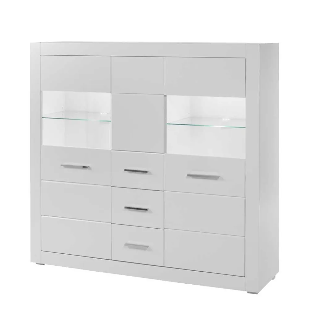 Wohnen Highboards<Hochglanz Highboard in Weiß mit Glas Yulis 3-türig