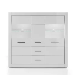 Wohnen Highboards<Hochglanz Highboard in Weiß mit Glas Yulis 3-türig