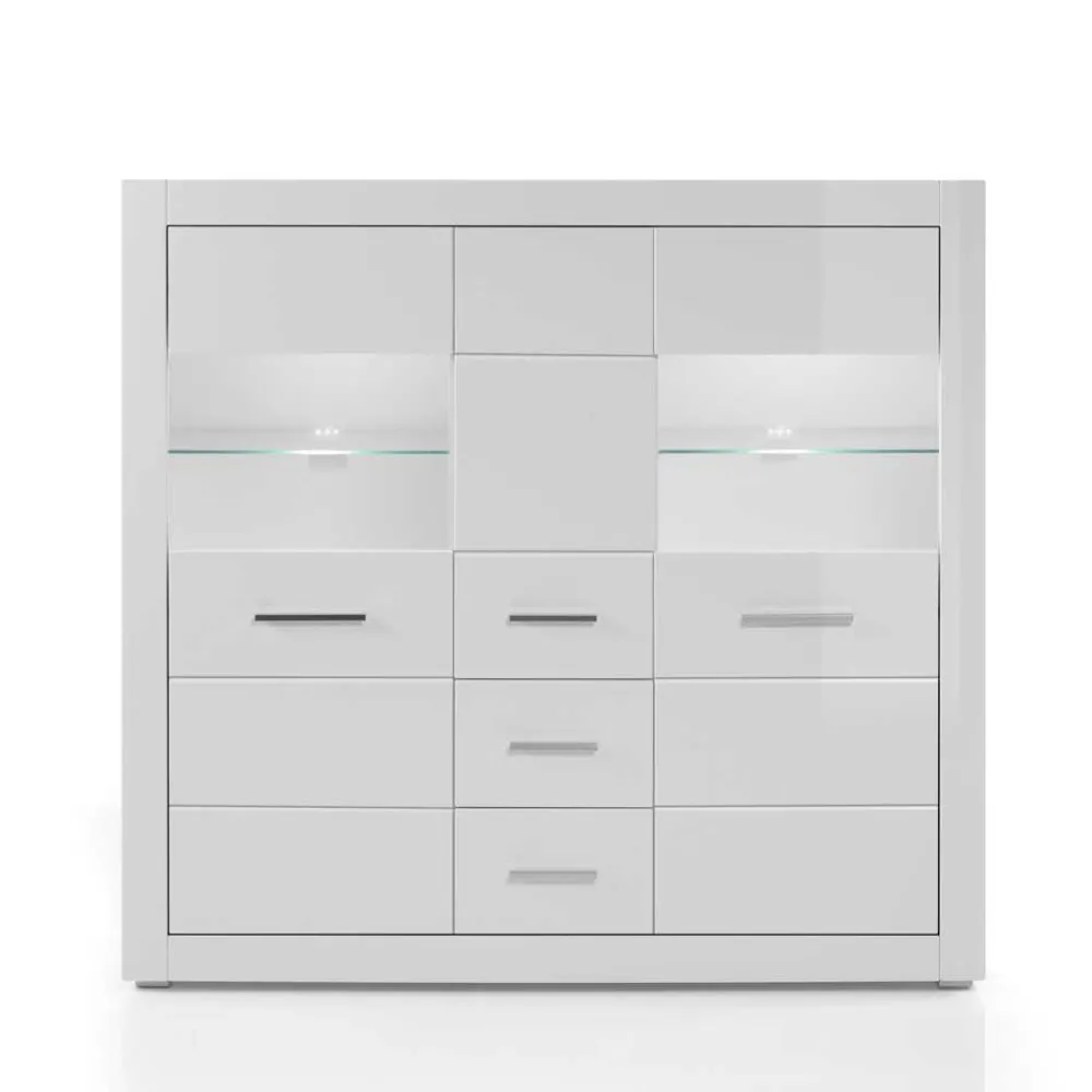 Wohnen Highboards<Hochglanz Highboard in Weiß mit Glas Yulis 3-türig