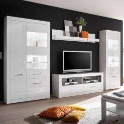 Wohnen Wohnwände<Hochglanz TV Anbauwand in Weiß Yulis optional mit LED (vierteilig)
