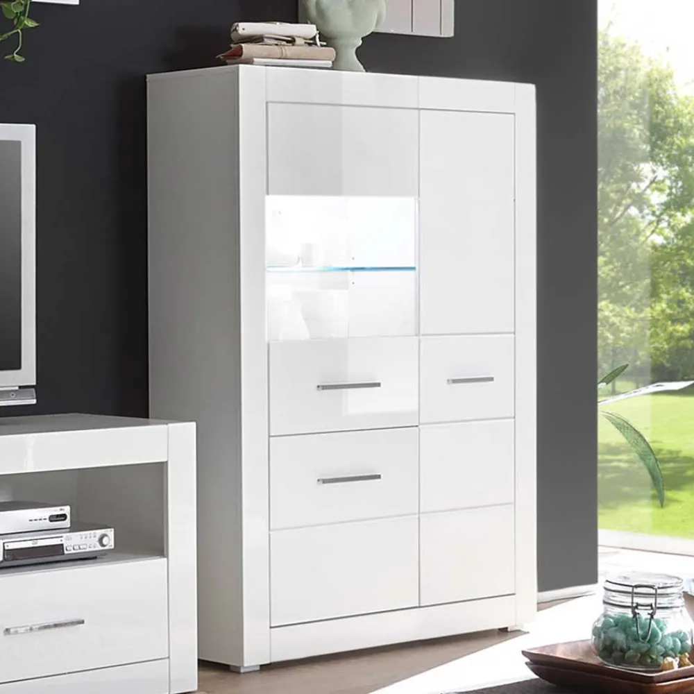 Wohnen Highboards|Vitrinen<Hochglanz Vitrine in Weiß 3-türig Yulis mit Glaseinsatz