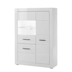 Wohnen Highboards|Vitrinen<Hochglanz Vitrine in Weiß 3-türig Yulis mit Glaseinsatz