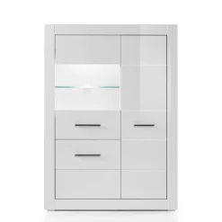 Wohnen Highboards|Vitrinen<Hochglanz Vitrine in Weiß 3-türig Yulis mit Glaseinsatz