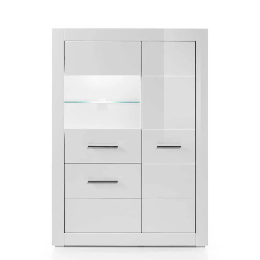 Wohnen Highboards|Vitrinen<Hochglanz Vitrine in Weiß 3-türig Yulis mit Glaseinsatz