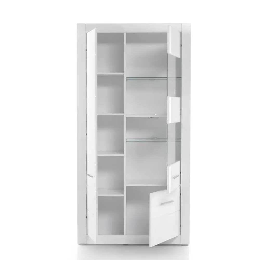 Wohnen Vitrinen<Hochglanz Vitrinenschrank in Weiß & Glas Yulis 3-türig