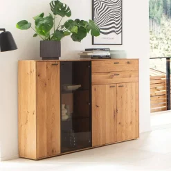 Wohnen Sideboards|Highboards<Hohes Sideboard mit Glaseinsatz und LED - Drinidad