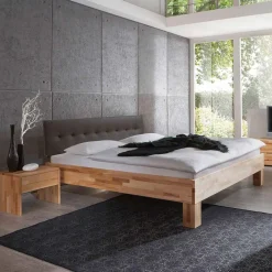 Wohnen Betten<Holzbett massiv Wins mit Polster-Kopfteil Kunstleder Dunkelbraun