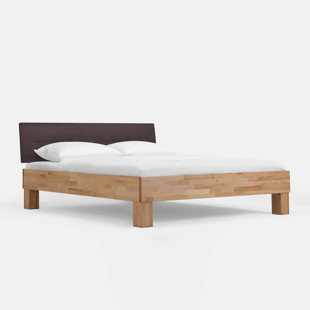 Wohnen Betten<Holzbett massiv Wins mit Polster-Kopfteil Kunstleder Dunkelbraun