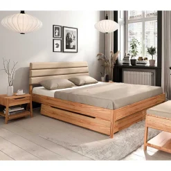 Wohnen Betten<Kernbuche Doppelbett mit Polsterkopfteil - Norklin