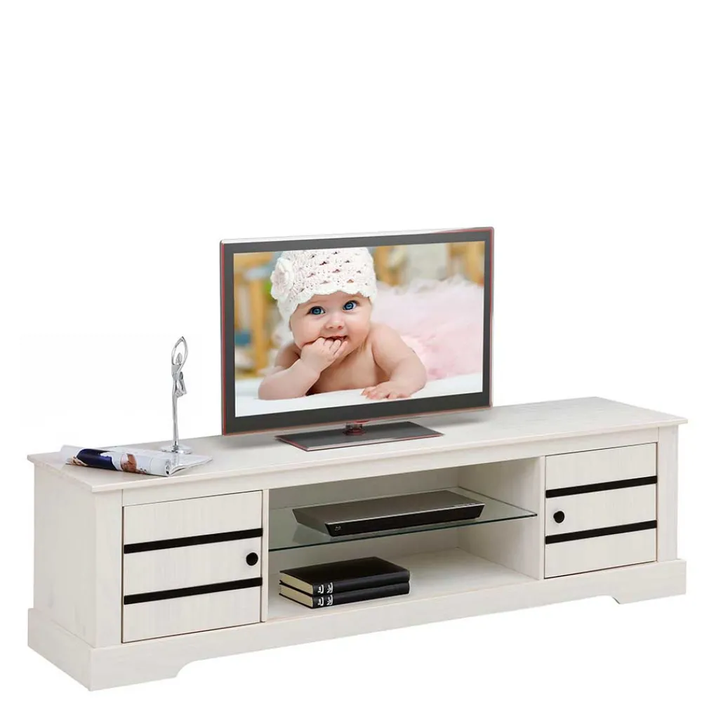 Wohnen Tv & Hifi-Möbel|Lowboards<Kiefernholz TV Unterschrank in Weiß mit Schwarz - Manduza