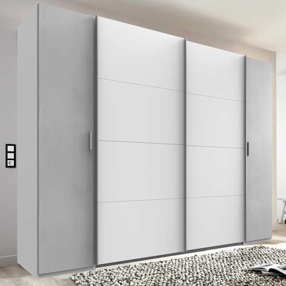 Wohnen Kleiderschränke|Schränke<Kleiderschrank in Weiß & Lichtgrau Beton Optik - Viganno