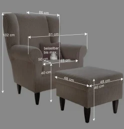 Wohnen Sessel<Kombi Cord Ohrensessel & Hocker - Isacco (zweiteilig)