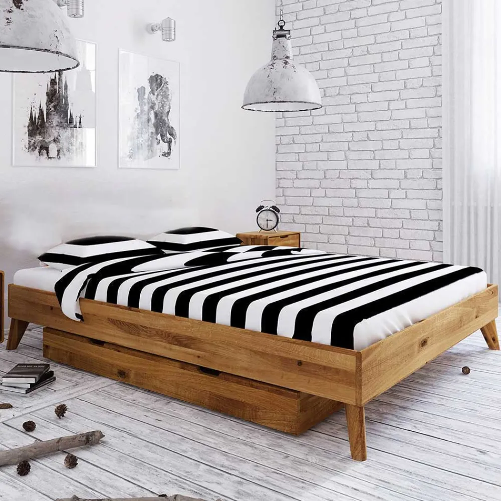 Wohnen Betten<Kopfteilloses Wildeiche Ehebett mit Bettkasten - Eavy