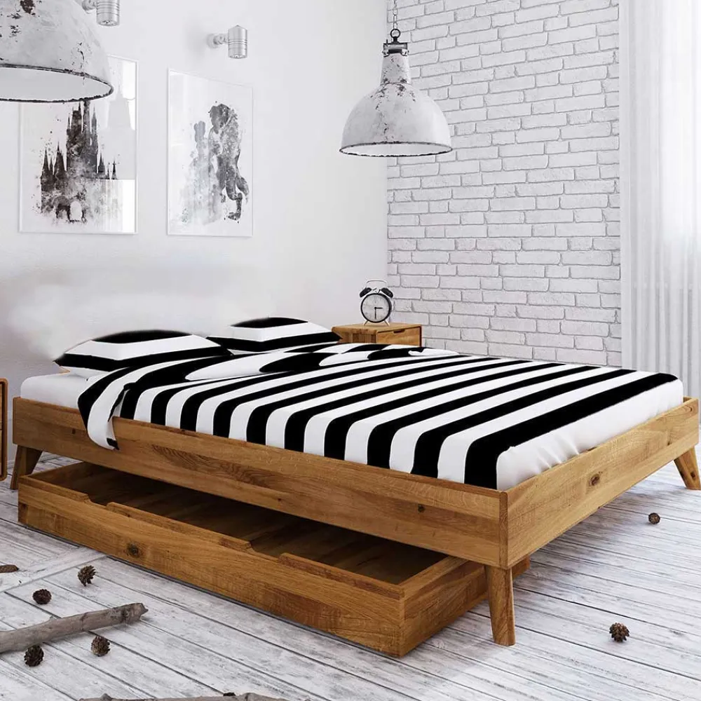Wohnen Betten<Kopfteilloses Wildeiche Ehebett mit Bettkasten - Eavy