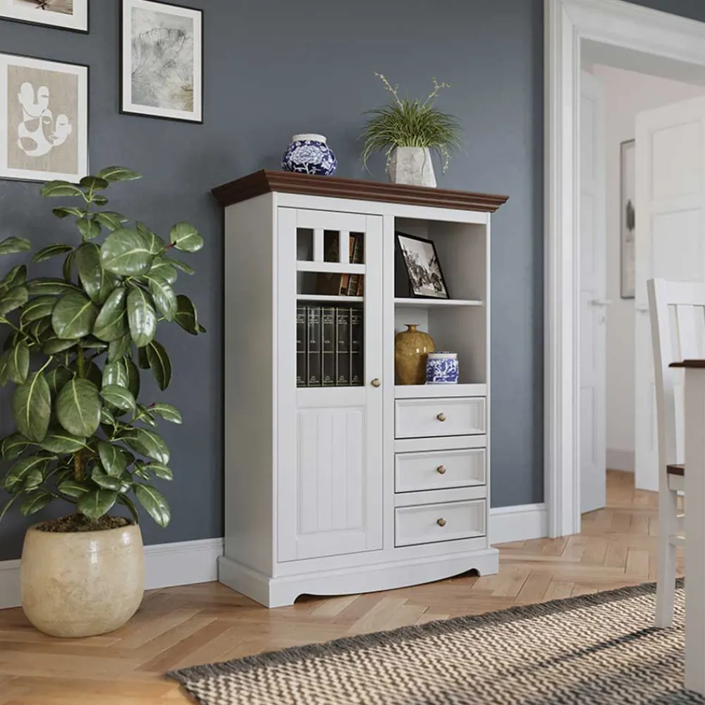 Wohnen Highboards<Landhaus Highboard in Weiß und Nussbaum Braun - Manipur