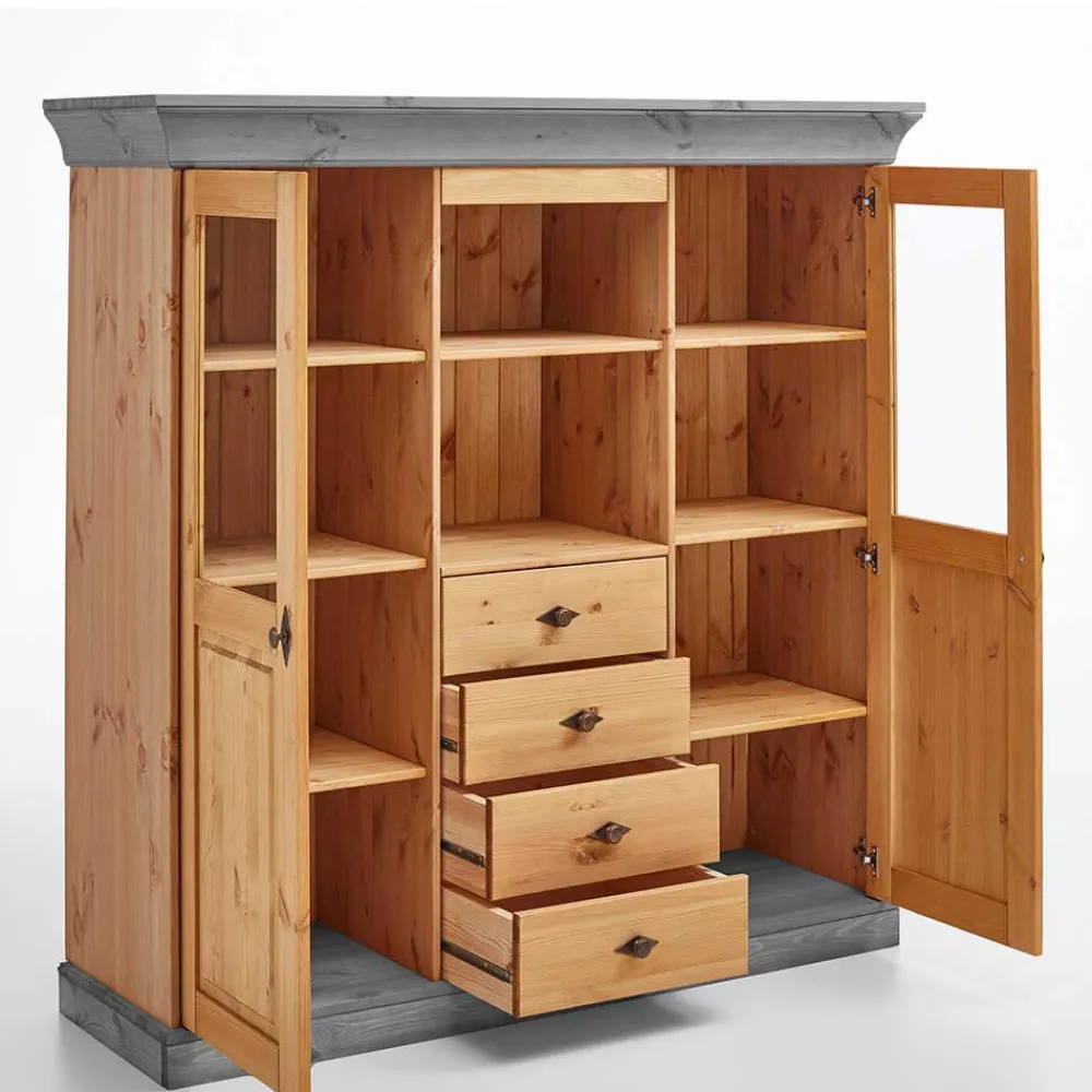 Wohnen Highboards<Landhaus Highboard mit Glas aus Kiefer - Eshelas