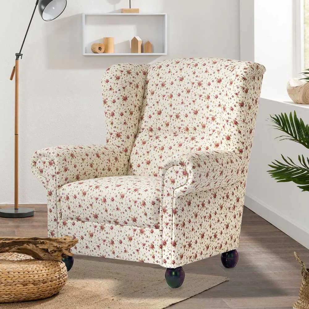 Wohnen Sessel<Landhaus Ohrensessel mit Romantik Blumen Muster - Clean