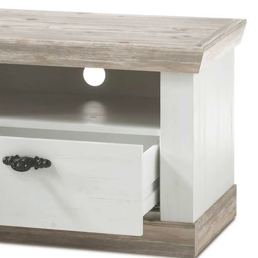 Wohnen Tv & Hifi-Möbel|Lowboards<Landhaus TV Element in Weiß & Pinie Shabby Nedita mit 2 Schubladen
