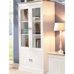 Wohnen Highboards|Vitrinen<Landhaus Vitrine in Weiß und Kiefer Honig - Zentra