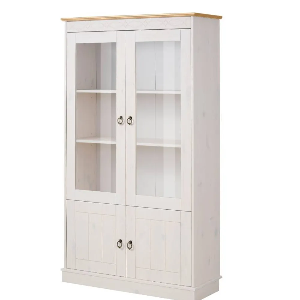 Wohnen Highboards|Vitrinen<Landhaus Vitrine in Weiß und Kiefer Honig - Zentra
