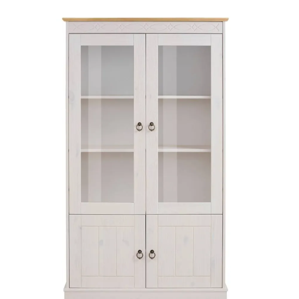 Wohnen Highboards|Vitrinen<Landhaus Vitrine in Weiß und Kiefer Honig - Zentra