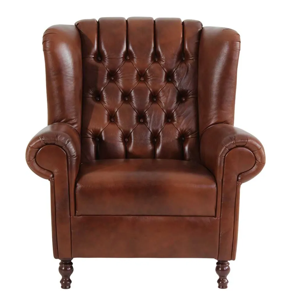 Wohnen Sessel<Leder Ohrensessel in Braun Chesterfield - Karim