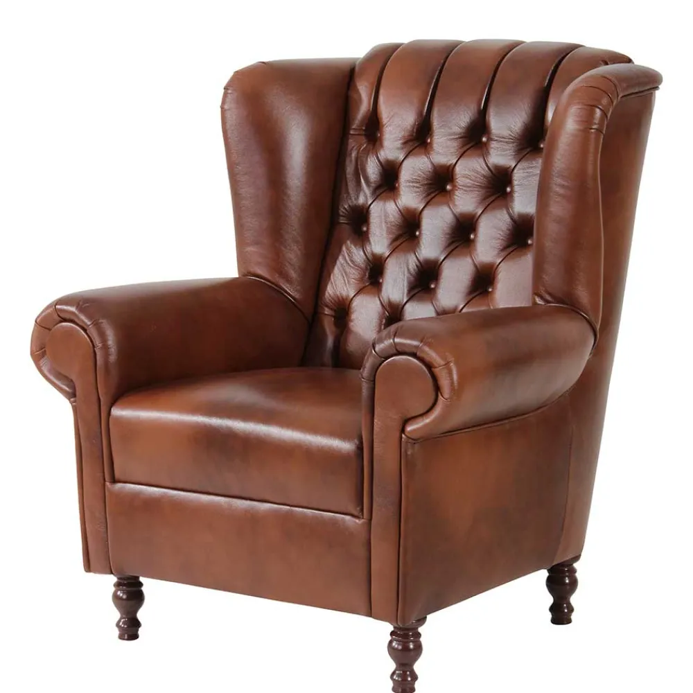Wohnen Sessel<Leder Ohrensessel in Braun Chesterfield - Karim