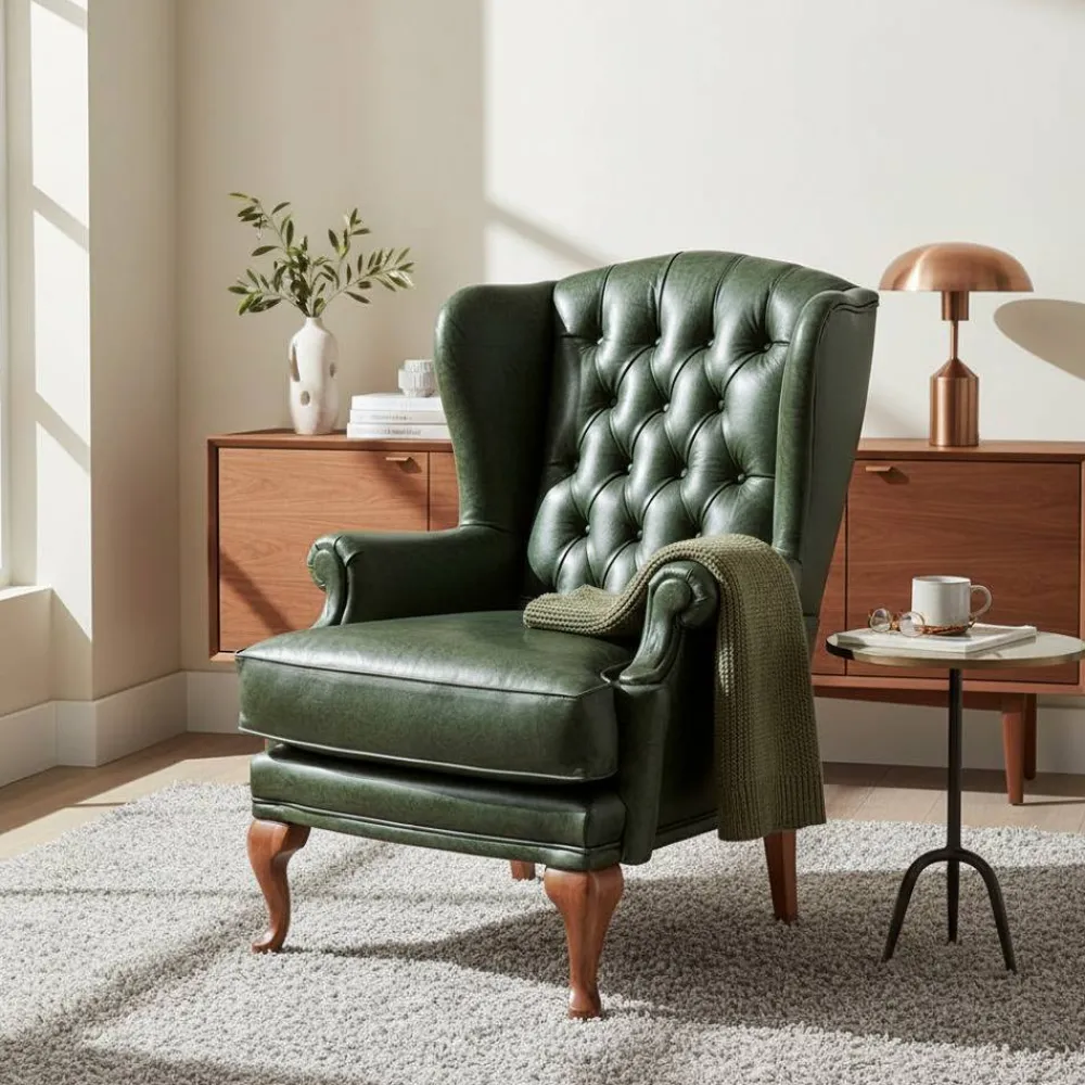 Wohnen Sessel<Leder Ohrensessel in Oliv Grün - Chesterfield - Jaiko