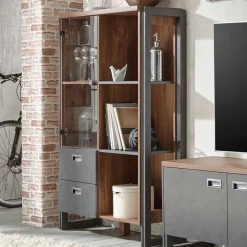 Wohnen Highboards<Loft Design Highboard im Eiche dunkel Dekor und Schwarz - Rompira