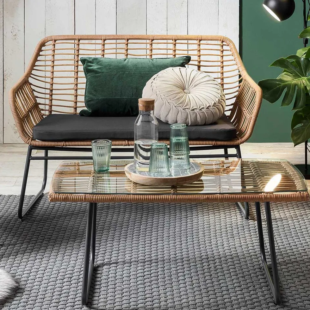 Wohnen Sitzgruppe<Lounge Sitzgruppe aus Geflecht in Beige - Renzo (vierteilig)