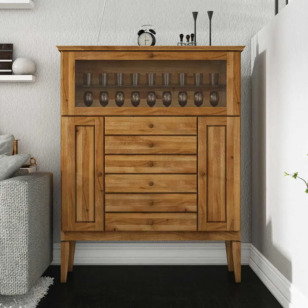 Wohnen Highboards<Massivholz Highboard Masdamos mit Glasklappe