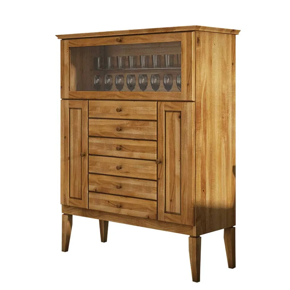 Wohnen Highboards<Massivholz Highboard Masdamos mit Glasklappe