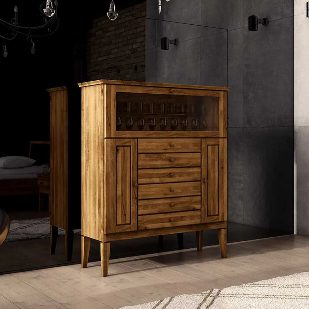 Wohnen Highboards<Massivholz Highboard Masdamos mit Glasklappe