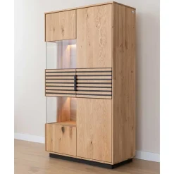 Wohnen Highboards|Vitrinen<Massivholz Vitrine in Eiche mit Schwarz - Eribella