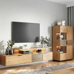 Wohnen Highboards|Vitrinen<Massivholz Vitrine in Eiche mit Schwarz - Eribella