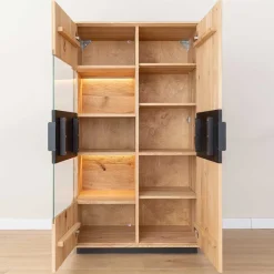 Wohnen Highboards|Vitrinen<Massivholz Vitrine in Eiche mit Schwarz - Eribella