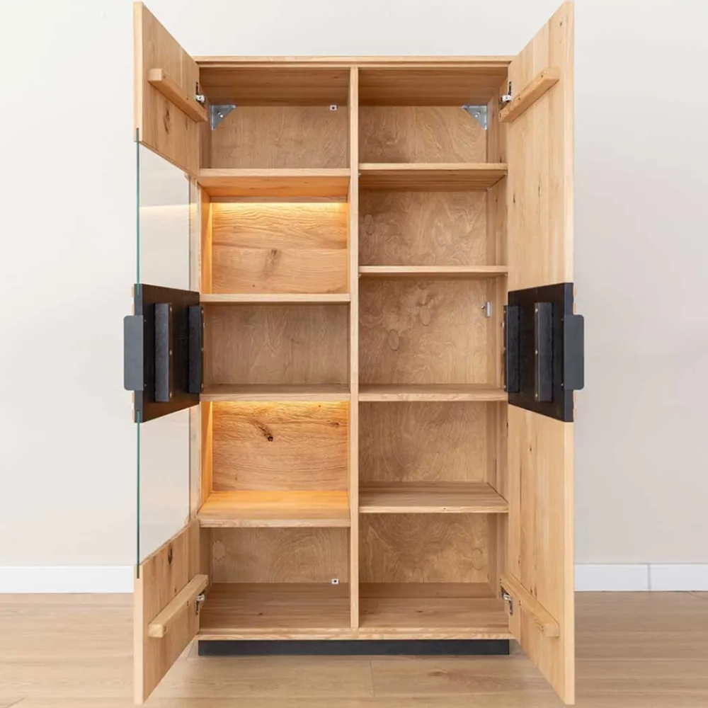 Wohnen Highboards|Vitrinen<Massivholz Vitrine in Eiche mit Schwarz - Eribella