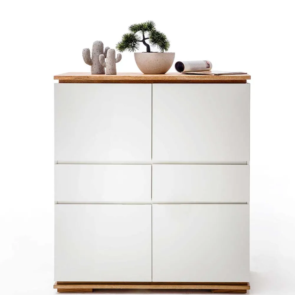 Wohnen Highboards|Kommoden<Mattweißes Highboard mit Asteiche massiv - Vangels