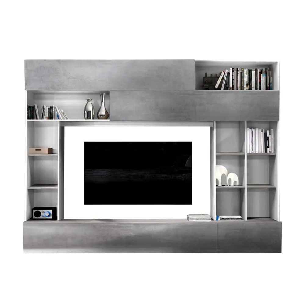 Wohnen Tv & Hifi-Möbel|Wohnwände<Mediawand für Fernseher in Weiß & Beton Dekor - Fancy