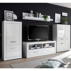 Wohnen Wohnwände<Moderne Wohnkombination in Hochglanz Weiß Yulis 315cm breit (vierteilig)