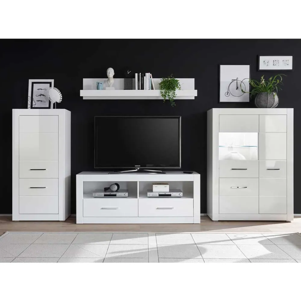 Wohnen Wohnwände<Moderne Wohnkombination in Hochglanz Weiß Yulis 315cm breit (vierteilig)